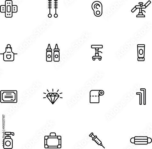 Tattoo line icon set. Tattoo machine, needle, paint, sketch, piercing. Editable stroke. Vector illustration