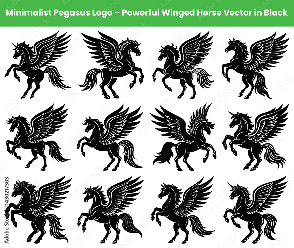 Fototapeta premium Black Pegasi Seamless Pattern, Winged Horse Silhouette Repeating Design, Fairy Tale