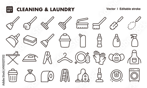 Cleaning and laundry line icon set. Vector editable stroke icon.