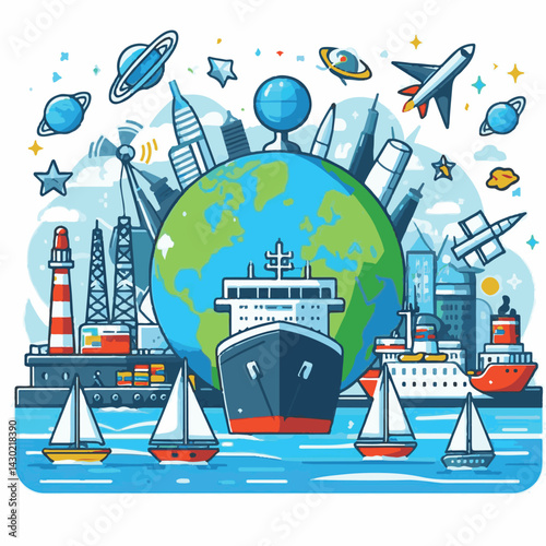 marine, ocean, illustration, international, poster, shipping, sea, nautical, maritime, transportation, banner, blue, celebration, background, world, vector, holiday, graphic, ship, design, concept, bu