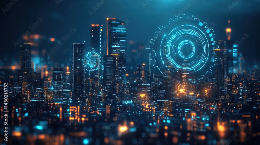 Obraz premium Cyber Cityscape with Futuristic Tech Elements