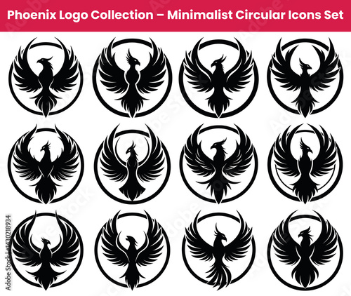 Phoenix Bird Silhouette Set, Circular Icons, Symbol Collection, Firebird Mythical