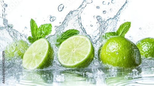 Fresh limes and mint splashing in water.