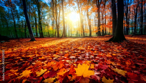 Obraz na płótnie magical carpet of multicolored maple leaves in vivid autumn hues glows softly under sun in serene forest, creating warm and enchanting atmosphere w salonie