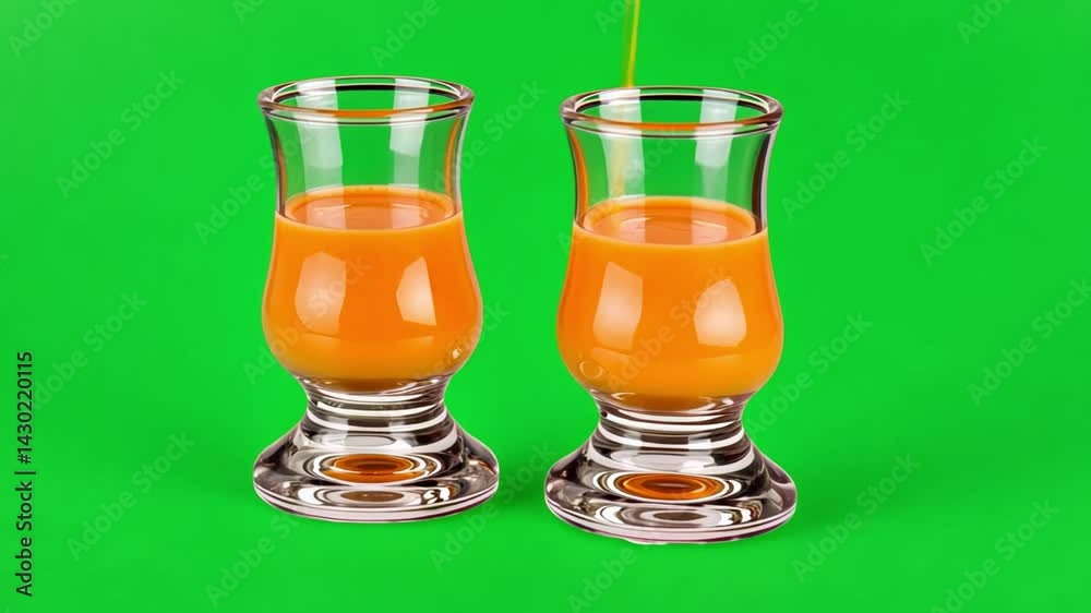 Two Elegant Shot Glasses Filled with Bright Orange Beverage on Vibrant Green Background