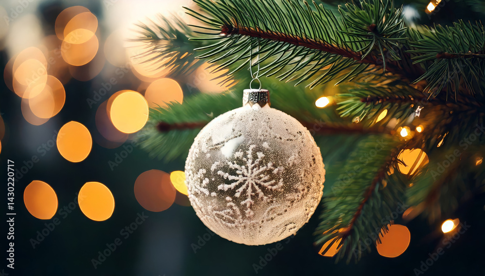 frosted glass Christmas ornament with snowflake design hangs on pine branch, surrounded by warm glowing lights, creating festive and cozy atmosphere
