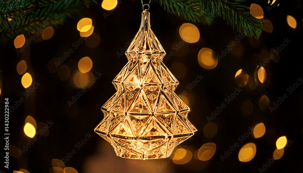 geometric crystal glass ornament shaped like Christmas tree hangs from branch, illuminated by warm, glowing lights in background, creating festive atmosphere