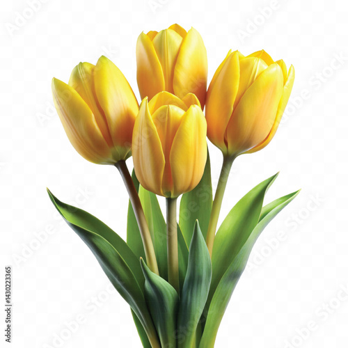 realistic 3d bouquet of three yellow tulips close up isolated on white background