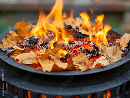 Leaves burn brightly in a dark circular fire pit flames leaping upwards amidst charred remnants