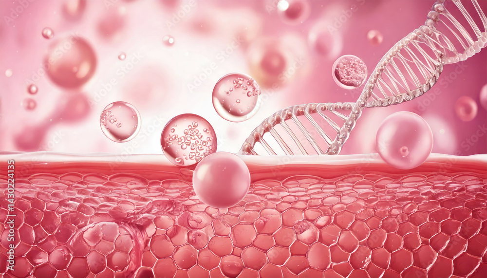 scientific illustration depicts cosmetic nano capsules containing DNA interacting with epidermis, showcasing vibrant pink color scheme. image highlights advanced skincare technology