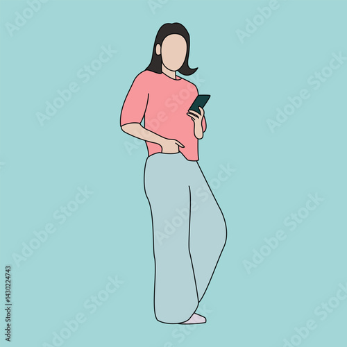 Faceless Woman Standing with Smartphone in Casual Pose, Modern Flat Illustration of Female Using Phone