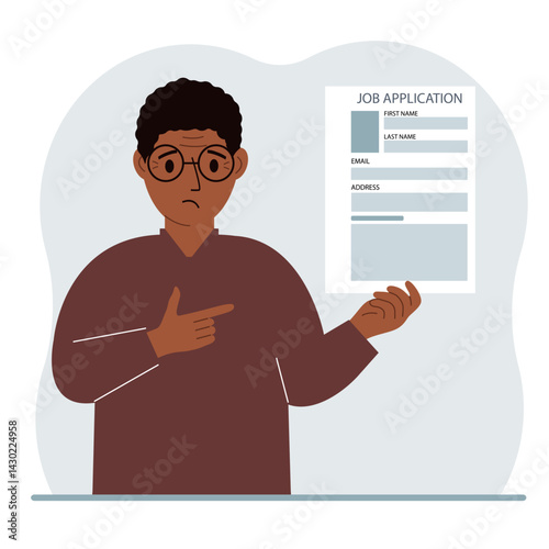 The unemployed man is holding a resume. Candidate with resume. The man is looking for a job. Paper sheet with avatar and skills. Labor market, unemployment problem. Vector flat illustration