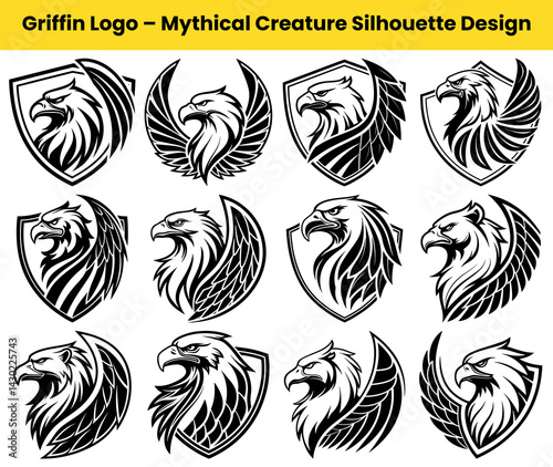 Griffin Silhouette Icons, Mythical Animal, Eagle Head, Wings, Crest, Bird