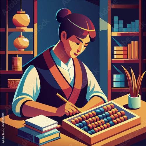 Woman Counting on an Abacus. A Vintage Illustration of Focus and Calculation