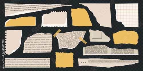 Rip torn paper set. Retro vintage newspaper cut set, notebook sheet, colored y2k elements for sticker, grunge texture, collage, poster. Old gazettes piece collection. Trendy isolated Vector illustrat