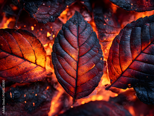 Burnt leaves glow with heat Charred edges and veins Ember light creates dramatic contrast