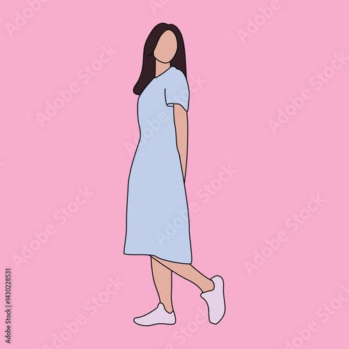 Faceless Girl in Pastel Blue Dress and White Sneakers Standing Pose, Flat Illustration of Woman with Casual Dress on Pink Background