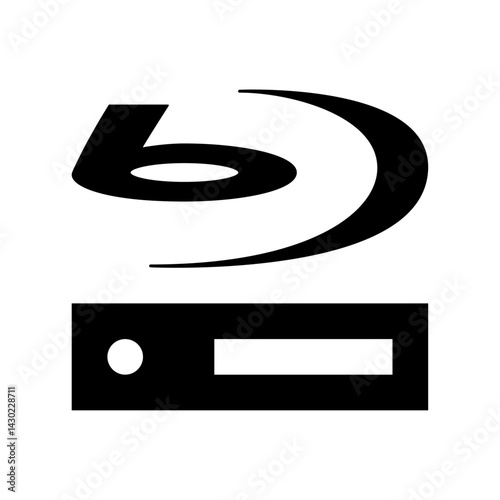 Illustration of a blu ray disc logo above a black rectangle with a white circle and rectangle inside it