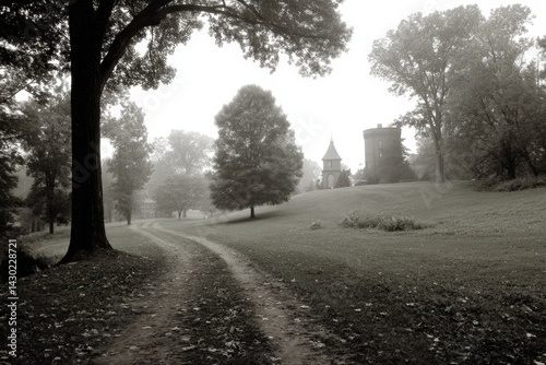 Serene landscape with trees and a distant building on a winding path.