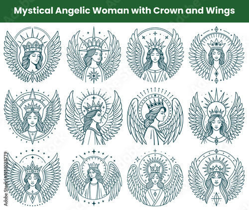 Angelic Woman Line Art Seamless Pattern with Crown and Wings on White Background