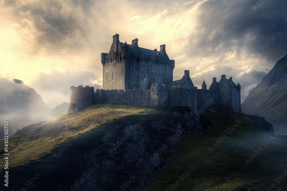 Obraz premium Majestic castle perched on a hill under dramatic skies at sunset