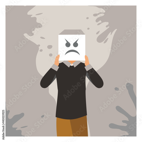 A woman covers her face with an angry mask.