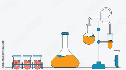 Various chemical equipment displayed in a chemistry lab, including glass beakers, test tubes, flasks, and safety tools