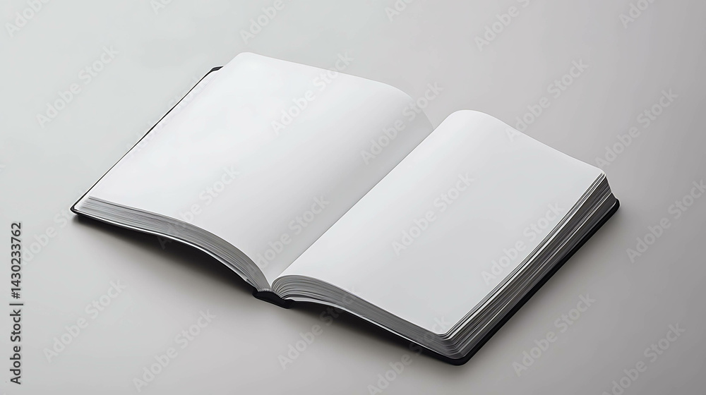 Open notebook with a minimalist design placed on a clean desk Open notebook with a minimalist design placed on a clean desk