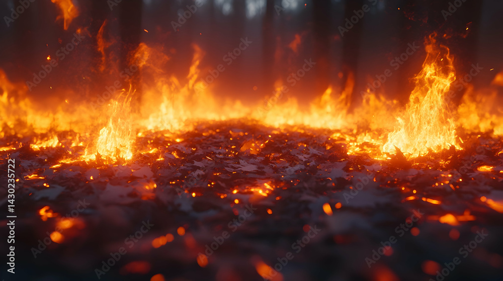 Intense flames engulf ground background blurred trees evoke a sense of peril and desolation Intense flames engulf ground background blurred trees evoke a sense of peril and desolation