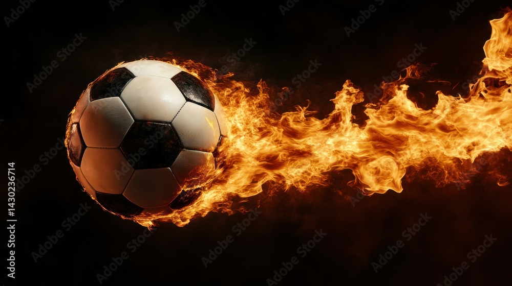 Fototapeta premium A soccer ball engulfed in flames, suggesting speed and intensity in sports.
