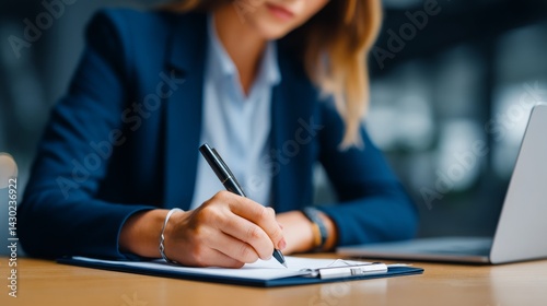 Business Professional Writing Notes in Office Environment