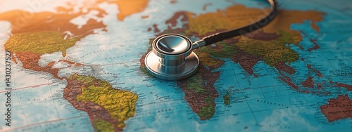 A stethoscope rests on a world map, symbolizing global health and medical awareness.