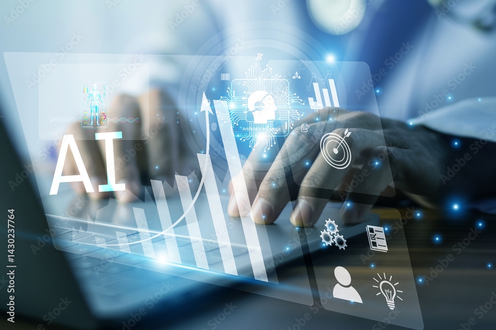 Professional working on cybersecurity interface using artificial intelligence to enhance data security and protect digital assets