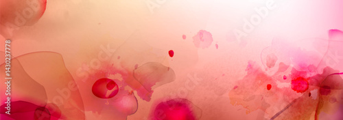 Red watercolor paint splatter background - abstract crimson liquid stains, scarlet spray splatters, blots and brushstrokes on light orange surface. Artistic bright vibrant textured backdrop design.