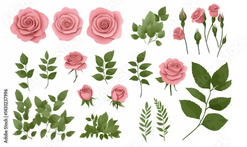 Romantic Watercolor Pink Roses and Greenery Elements for Minimalist Floral Design