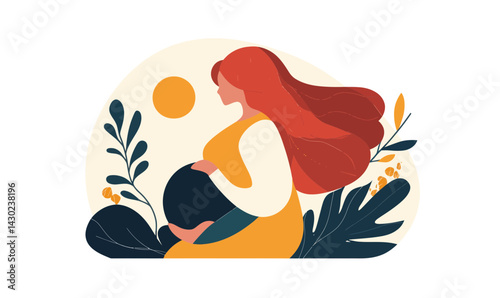 Pregnant Red-Haired Woman Illustrating Maternity, Minimalist Flat Vector Style