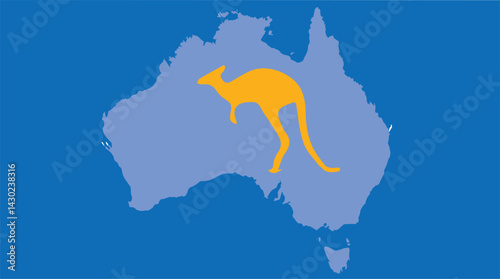 A detailed map of Australia with a kangaroo symbol placed over the country, highlighting its iconic wildlife and geographical location, reflecting national pride and natural heritage