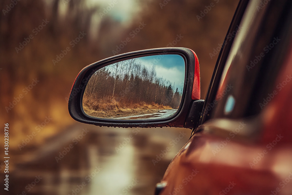Close up of car side mirror of red car showing street with autumn fores Close up of car side mirror of red car showing street with autumn fores