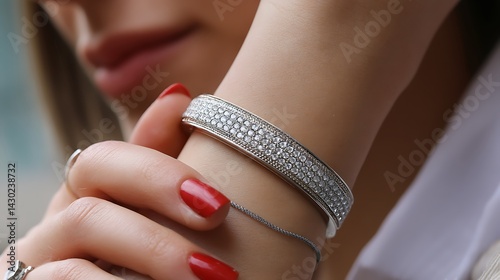 Elegant Silver Bracelet Adorned with Sparkling Gems on Female Wrist Close-up Shot