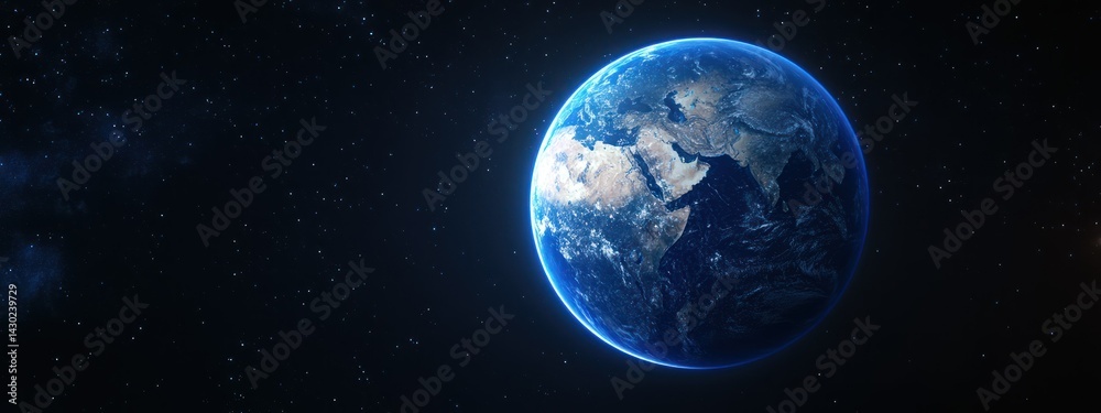 Obraz premium A stunning view of Earth from space, showcasing its continents and atmosphere against a starry backdrop.