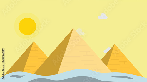Ancient pyramids standing tall in the middle of a vast desert, surrounded by sand and bathed in sunlight, symbolizing history, mystery, and architectural wonder