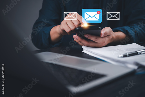 Wallpaper Mural Man checking email alert pops up on smartphone with notification icon. Digital communication, mobile messaging and smart connectivity.Online contact, remote work Torontodigital.ca