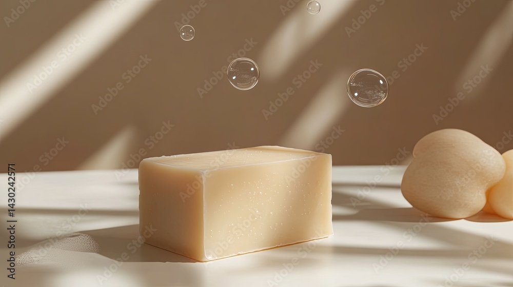 Fototapeta premium minimalist soap bar with bubbles and soft shadows .