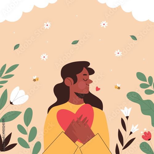 Peaceful embrace A woman holds a heart surrounded by natures joy