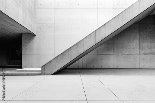 Modern concrete interior with angled stairs.  Spacious, minimalist, and architectural design