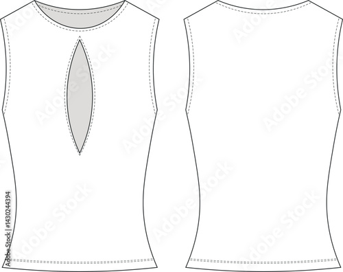 round neck crew neck keyhole neck sleeveless sit elastic sport blouse top template technical drawing flat sketch cad mockup fashion woman design style model 
