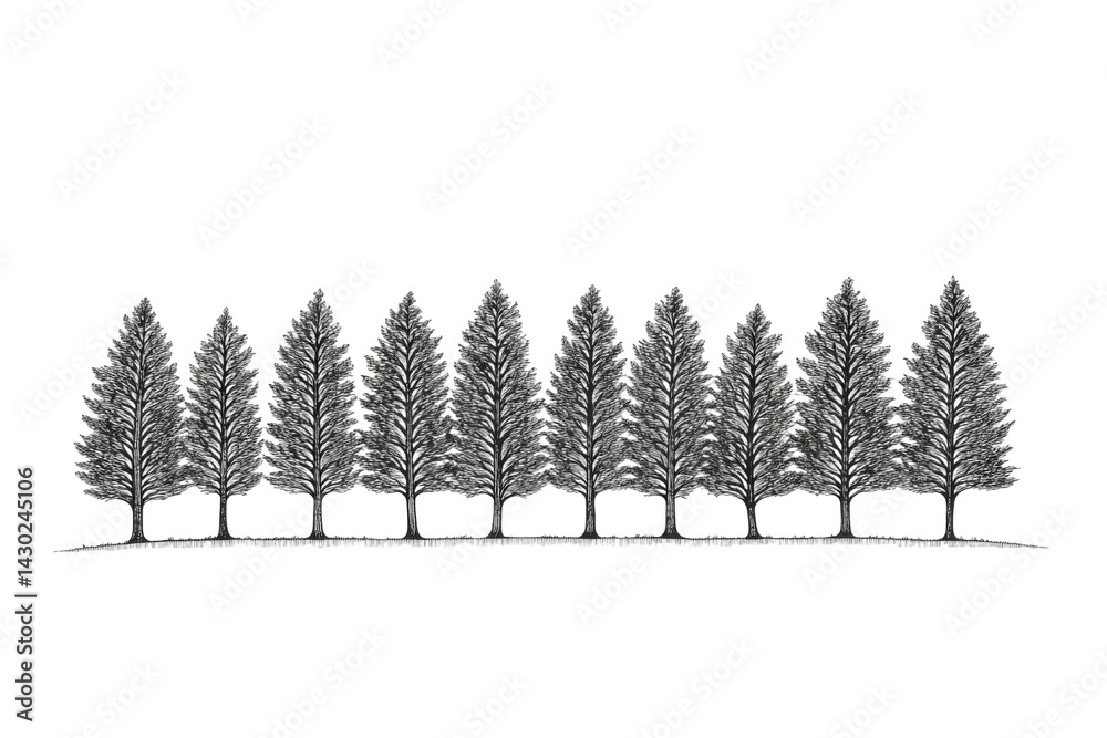 Obraz premium A Line of Tall Evergreen Trees Silhouetted Against a White Background Ideal for Nature Themes, Environmental Topics, and Seasonal Designs