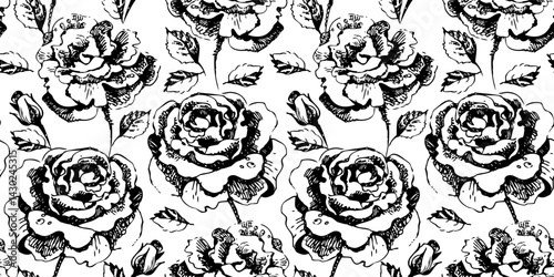 Seamless vintage floral pattern with hand-drawn roses. Elegant botanical engraving perfect for textiles, wallpaper, wrapping paper, and decorative design. Vector illustration. Not AI generation
