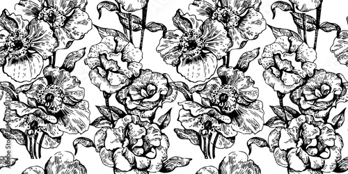 Seamless vintage floral pattern with hand-drawn roses. Elegant botanical engraving perfect for textiles, wallpaper, wrapping paper, and decorative design. Vector illustration. Not AI generation