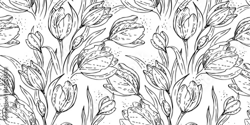 Seamless vintage floral pattern with hand-drawn tulips. Elegant botanical engraving perfect for textiles, wallpaper, wrapping paper, and decorative design. Vector illustration